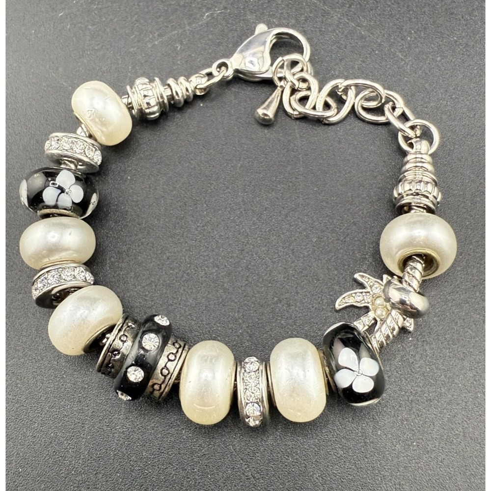 Charm Bracelet Palm Trees Flower‎ Faux Pearl 7.5"